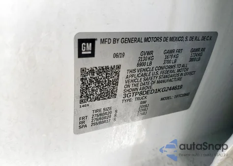 2019 GMC Sierra C1500 Slt z USA, uszkodzony, nr VIN 3GTP8DED1KG244619